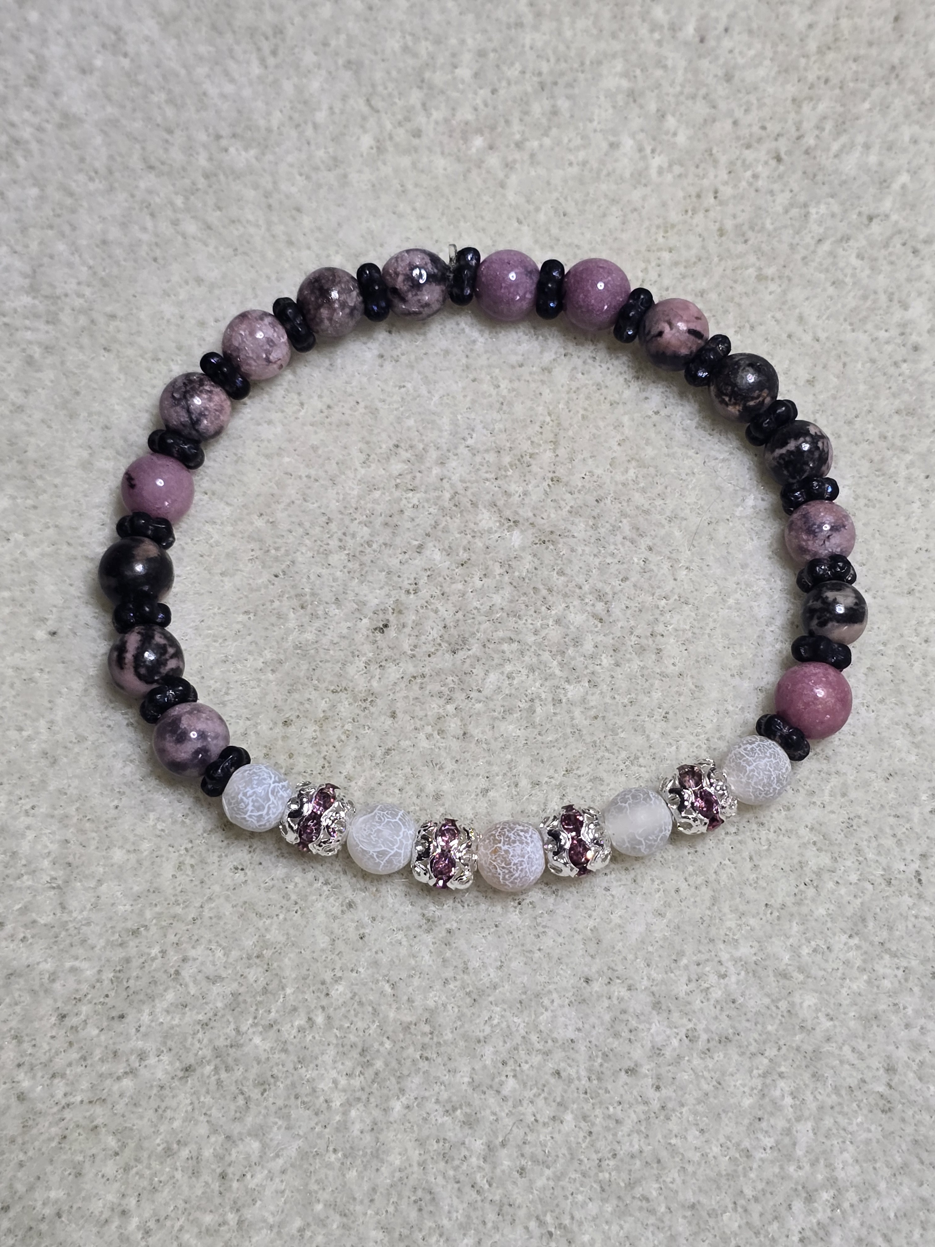 Pink And Black Stone Beaded Stretch Bracelet W/ White Crackle Accent Stone Beads